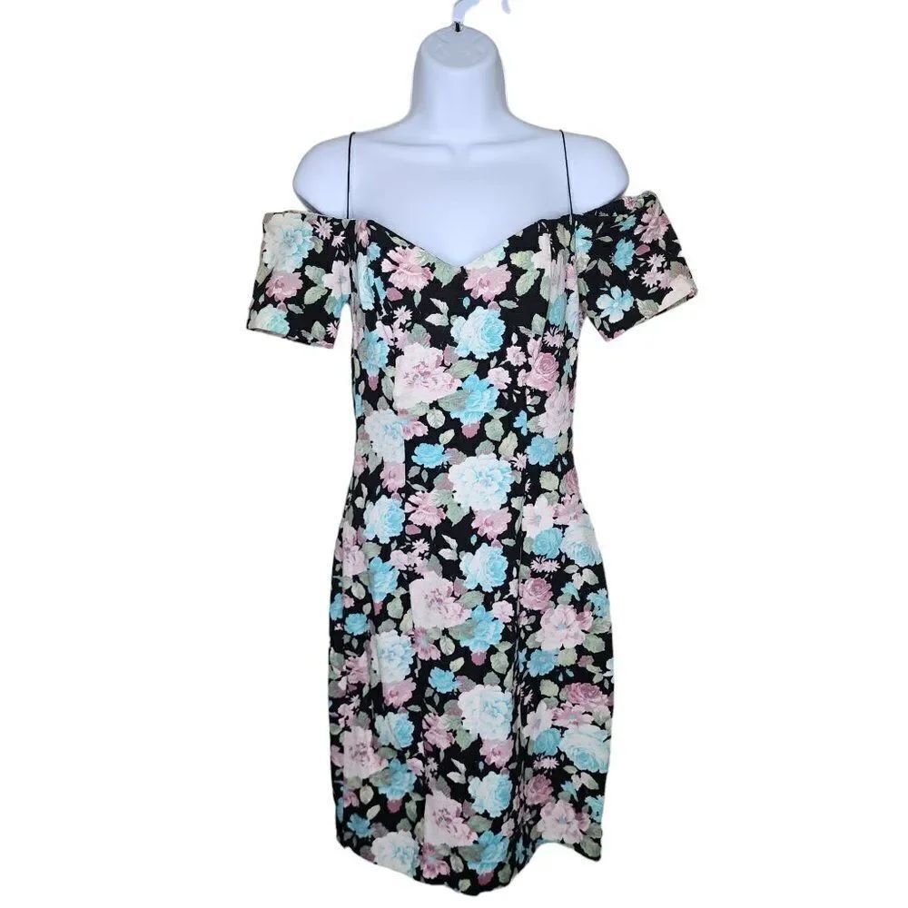 Vintage 80s Body Con Off The Shoulder Mini Dress Womens Size S Black Floral Stre